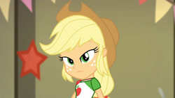 Size: 3410x1920 | Tagged: safe, screencap, applejack, equestria girls, equestria girls series, g4, holidays unwrapped, the cider louse fools, spoiler:eqg series (season 2), applejack's hat, clothes, cowboy hat, cutie mark, cutie mark on clothes, female, geode of super strength, hat, jewelry, magical geodes, necklace, side view, solo