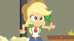 Size: 3410x1920 | Tagged: safe, screencap, applejack, equestria girls, equestria girls series, g4, holidays unwrapped, the cider louse fools, spoiler:eqg series (season 2), applejack's hat, belt, clothes, cowboy hat, cutie mark, cutie mark on clothes, denim skirt, female, geode of super strength, hat, jewelry, lip bite, magical geodes, necklace, pointing, skirt, solo