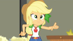 Size: 3410x1920 | Tagged: safe, screencap, applejack, equestria girls, equestria girls series, g4, holidays unwrapped, the cider louse fools, spoiler:eqg series (season 2), applejack's hat, belt, clothes, cowboy hat, cutie mark, cutie mark on clothes, denim skirt, female, geode of super strength, hat, jewelry, magical geodes, necklace, pointing, skirt, solo