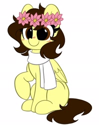 Size: 1631x2048 | Tagged: safe, artist:kittyrosie, oc, oc only, oc:white hershey, pegasus, pony, clothes, cute, floral head wreath, flower, ocbetes, scarf, smiling, solo