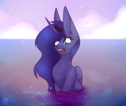 Size: 2560x2160 | Tagged: safe, artist:elektra-gertly, princess luna, alicorn, pony, g4, crown, exclamation point, female, high res, jewelry, mare, open mouth, question mark, regalia, shocked, shocked expression, solo, starry mane, water