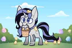 Size: 3000x2000 | Tagged: safe, artist:jetjetj, part of a set, oc, oc only, oc:silver moon, pony, unicorn, basket, chibi, chick, commission, easter egg, female, high res, mare, mouth hold, solo, ych result