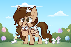 Size: 3000x2000 | Tagged: safe, artist:jetjetj, part of a set, oc, oc only, oc:april, bat pony, pony, rabbit, animal, basket, chibi, commission, easter egg, female, high res, mare, mouth hold, solo, ych result
