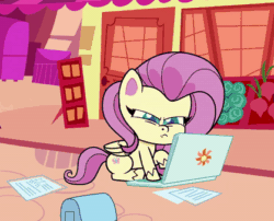 Size: 418x337 | Tagged: safe, screencap, fluttershy, pegasus, pony, g4.5, my little pony: pony life, the crystal capturing contraption, spoiler:pony life s02e02, animated, bag, computer, cropped, female, gif, laptop computer, mare, narrowed eyes, paper, sitting, solo, typing, wings