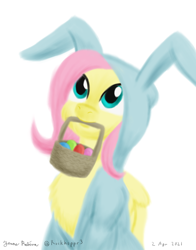 Size: 1100x1400 | Tagged: safe, artist:rockhoppr3, fluttershy, pegasus, pony, g4, animal costume, basket, bunny costume, bunnyshy, chest fluff, clothes, costume, cute, easter basket, easter egg, female, mare, mouth hold, shyabetes, solo