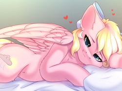 Size: 2732x2048 | Tagged: safe, artist:alphadesu, oc, oc only, oc:bay breeze, pegasus, pony, g4, bed, bedroom eyes, bow, commission, cute, female, hair bow, heart, high res, looking at you, lying down, mare, ocbetes, pillow, smiling, solo, ych result