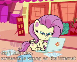 Size: 418x337 | Tagged: safe, edit, edited screencap, screencap, fluttershy, pegasus, pony, g4.5, my little pony: pony life, the crystal capturing contraption, animated, bag, computer, cropped, female, gif, laptop computer, mare, narrowed eyes, paper, reaction image, sitting, solo, somebody is wrong on the internet, typing, wings