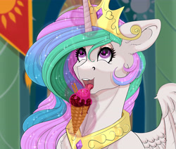 Size: 6432x5456 | Tagged: safe, artist:creed larsen, princess celestia, alicorn, pony, g4, castle, crown, cute, ethereal mane, female, food, horn, ice cream, ice cream cone, indoors, jewelry, licking, looking up, magic, mare, open mouth, peytral, regalia, shiny mane, starry eyes, starry mane, tiara, tongue out, wingding eyes, wings