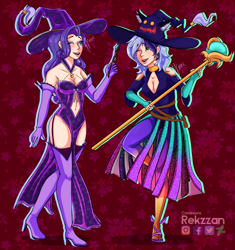 Size: 3295x3500 | Tagged: safe, artist:rekzzan, rarity, oc, oc:krystel, human, g4, clothes, dress, duo, duo female, female, hat, high res, humanized, sleeveless, witch, witch hat