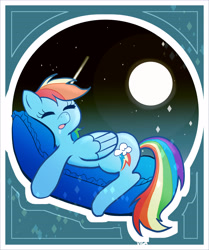 Size: 3808x4550 | Tagged: safe, artist:vigasartroom, part of a set, rainbow dash, pegasus, pony, g4, absurd resolution, cute, dashabetes, drool, eyes closed, female, full moon, lying down, mare, moon, night, open mouth, pillow, prone, sleeping, solo