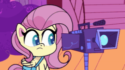 Size: 1920x1080 | Tagged: safe, screencap, fluttershy, rarity, pegasus, pony, unicorn, g4.5, my little pony: pony life, the crystal capturing contraption, animated, bipedal, building, camera, eyes closed, female, gem, looking at you, mare, musical instrument, piano, sound, spotlight, talking, webm