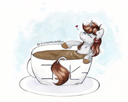 Size: 5554x4443 | Tagged: safe, artist:lightisanasshole, oc, oc only, oc:dorm pony, pony, unicorn, abstract background, advertisement, bathing, brown mane, cheek fluff, coffee, coffee mug, colored hooves, cup, curved horn, eyes closed, female, heart, hoof fluff, horn, japanese, ko-fi, messy mane, mist, mug, neck fluff, plate, smiling, solo, text, tiny, tiny ponies, traditional art, watercolor painting