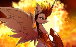 Size: 1080x667 | Tagged: safe, artist:tessa_key_, daybreaker, alicorn, pony, g4, bedroom eyes, bust, ear piercing, evil smile, eyelashes, female, grin, horn, jewelry, mane of fire, mare, peytral, piercing, raised hoof, smiling, solo, tiara, wings