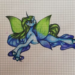 Size: 1080x1080 | Tagged: safe, artist:tessa_key_, oc, oc only, pony, butterfly wings, colored hooves, eyelashes, female, graph paper, horn, lying down, mare, prone, smiling, solo, traditional art, wings