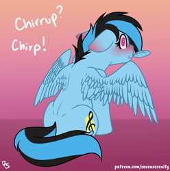 Size: 2405x2425 | Tagged: safe, artist:sevenserenity, oc, oc only, oc:icylightning, pegasus, pony, april fools, behaving like a bird, blushing, chirping, feather, floppy ears, grooming, logo, preening, satire, solo, wings