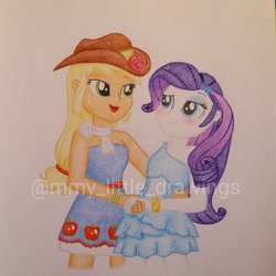 Size: 971x971 | Tagged: safe, artist:mmy_little_drawings, applejack, rarity, equestria girls, g4, my little pony equestria girls, applebetes, bare shoulders, clothes, cute, dress, eyelashes, fall formal outfits, female, freckles, hat, jackabetes, lesbian, open mouth, raribetes, ship:rarijack, shipping, sleeveless, smiling, strapless, sweet dreams fuel, traditional art, watermark