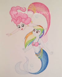 Size: 1079x1326 | Tagged: safe, artist:mmy_little_drawings, pinkie pie, rainbow dash, mermaid, equestria girls, g4, :d, belly button, bikini, bikini top, clothes, duo, eyelashes, female, grin, lesbian, mermaid tail, mermaidized, open mouth, ship:pinkiedash, shipping, sleeveless, smiling, species swap, swimsuit, traditional art, watermark