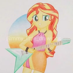 Size: 1080x1080 | Tagged: safe, artist:mmy_little_drawings, sunset shimmer, equestria girls, g4, my little pony equestria girls: rainbow rocks, bracelet, clothes, eyelashes, female, grin, guitar, jewelry, musical instrument, skirt, sleeveless, smiling, solo, traditional art, watermark