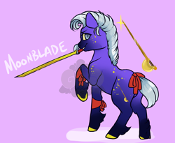 Size: 1100x900 | Tagged: safe, artist:lavvythejackalope, oc, oc only, earth pony, pony, base used, bow, colored hooves, earth pony oc, mouth hold, pink background, raised hoof, simple background, solo, sword, tail bow, weapon