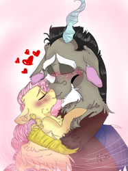 Size: 899x1200 | Tagged: safe, artist:cocolove2176, discord, fluttershy, draconequus, pegasus, pony, g4, abstract background, blushing, eyes closed, facial hair, female, goatee, heart, hug, kissing, male, mare, ship:discoshy, shipping, straight, wings