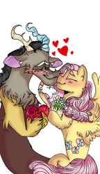 Size: 540x938 | Tagged: safe, artist:cocolove2176, discord, fluttershy, draconequus, pegasus, pony, g4, blushing, bouquet, eyes closed, facial hair, female, flower, goatee, heart, hug, male, mare, ship:discoshy, shipping, simple background, smiling, straight, white background, wings