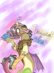 Size: 899x1200 | Tagged: safe, artist:cocolove2176, oc, oc only, oc:disillusion, bird, draconequus, hybrid, abstract background, blushing, draconequus oc, interspecies offspring, male, offspring, parent:discord, parent:fluttershy, parents:discoshy, smiling