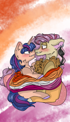 Size: 540x938 | Tagged: safe, artist:cocolove2176, oc, draconequus, hybrid, pony, unicorn, abstract background, boop, bust, chest fluff, colored hooves, draconequus oc, female, grin, horn, hug, interspecies offspring, lesbian, lesbian pride flag, looking at each other, mare, noseboop, offspring, parent:discord, parent:flash sentry, parent:fluttershy, parent:twilight sparkle, parents:discoshy, parents:flashlight, pride, pride flag, smiling, unicorn oc