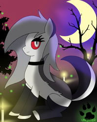 Size: 2480x3139 | Tagged: safe, artist:qnighter, demon, demon pony, firefly (insect), hellhound, pony, candle, collar, disguise, disguised demon, disguised hellhound, hellaverse, hellborn, hellhound pony, helluva boss, high res, looking at you, loona (helluva boss), moon, night, ponified, sky, socks, solo, transformed, tree