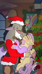 Size: 720x1280 | Tagged: safe, artist:cocolove2176, discord, fluttershy, draconequus, pegasus, pony, g4, alternate design, blushing, christmas, christmas tree, clothes, colored hooves, costume, eyes closed, facial hair, female, goatee, hat, holding a pony, holiday, holly, holly mistaken for mistletoe, hug, kissing, magic, male, mare, santa costume, santa hat, ship:discoshy, shipping, smiling, straight, telekinesis, tree, two toned wings, wings