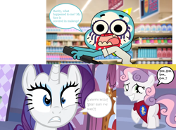 Size: 1742x1289 | Tagged: safe, edit, edited screencap, screencap, rarity, sweetie belle, cat, pony, unicorn, g4, season 1, stare master, belle sisters, cape, carousel boutique, clothes, crossover, makeup, nicole watterson, oops, shocked, shocked expression, smiling, speech bubble, store, sweetie fail, the amazing world of gumball, this will end in tears