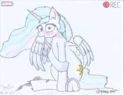 Size: 2208x1700 | Tagged: safe, artist:fliegerfausttop47, princess celestia, alicorn, pony, g4, behaving like a bird, blushing, cake, cakelestia, camera, camera shot, cheek fluff, chest fluff, chocolate cake, city, cute, cutelestia, ear fluff, embarrassed, feather, female, fluffy, food, frog (hoof), funny, grooming, hoof fluff, leg fluff, looking at you, macro, mare, multicolored hair, offscreen character, partially open wings, pov, preening, rainbow hair, raised hoof, recording, signature, sitting, solo, surprised, time, traditional art, underhoof, wide eyes, wing fluff, wings