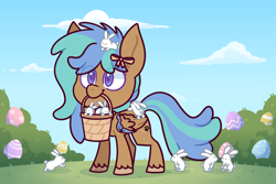 Size: 3000x2000 | Tagged: safe, artist:jetjetj, part of a set, oc, oc only, oc:ocean pearl, pegasus, pony, rabbit, animal, basket, chibi, commission, easter egg, female, high res, mare, mouth hold, solo, ych result