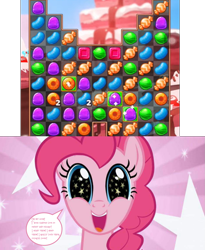 Size: 1243x1519 | Tagged: safe, edit, edited screencap, screencap, pinkie pie, earth pony, pony, g4, season 1, the ticket master, candy, candy blast mania, candyland, food, game, gumdrop, jelly beans, jewelry, lifesaver, lollipop, mobile game, reaction image, ring, smiling, sparkles, speech bubble, starry background, starry eyes, stars, sweets, treats, wingding eyes, wrapper