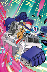 Size: 792x1224 | Tagged: safe, artist:tonyfleecs, idw, dj pon-3, octavia melody, vinyl scratch, earth pony, pony, robot, unicorn, g4, the magic of cybertron, spoiler:comic, bow (instrument), cello, decepticon, female, idw publishing, mare, musical instrument, record, soundwave, transformers