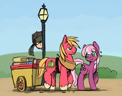 Size: 900x708 | Tagged: safe, artist:ende26, color edit, edit, big macintosh, cheerilee, earth pony, human, pony, g4, book, cart, colored, crossover, crossover shipping, female, floating heart, heart, hiding, implied gay, lamppost, male, mare, metal gear, ship:cheerimac, shipping, solid snake, spying, stallion, straight