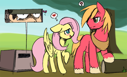 Size: 850x521 | Tagged: safe, artist:ende26, color edit, edit, big macintosh, fluttershy, earth pony, human, pegasus, pony, g4, blushing, cardboard box, colored, crossover, crossover shipping, female, heartbreak, hiding, implied gay, log, male, mare, metal gear, missing cutie mark, question mark, raised hoof, ship:fluttermac, shipping, solid snake, spying, stallion, straight, thought bubble