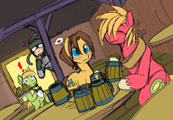 Size: 970x675 | Tagged: safe, artist:ende26, color edit, edit, big macintosh, caramel, oc, earth pony, human, pony, g4, alcohol, bar, blushing, cider, cider mug, colored, crossover, crossover shipping, drunk, exclamation point, eyes closed, gay, gritted teeth, heart, heartbreak, hiding, implied gay, male, metal gear, mug, ship:caramac, shipping, solid snake, spying, stallion, waiter