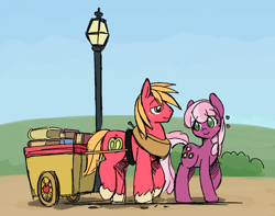 Size: 900x708 | Tagged: safe, alternate version, artist:ende26, color edit, edit, big macintosh, cheerilee, earth pony, pony, g4, book, cart, colored, female, floating heart, heart, lamppost, male, mare, ship:cheerimac, shipping, stallion, straight