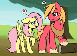 Size: 711x521 | Tagged: safe, alternate version, artist:ende26, color edit, edit, big macintosh, fluttershy, earth pony, pegasus, pony, g4, blushing, colored, cropped, female, log, male, mare, missing cutie mark, question mark, raised hoof, ship:fluttermac, shipping, stallion, straight, thought bubble