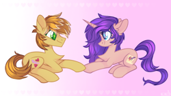 Size: 1920x1080 | Tagged: safe, artist:n in a, feather bangs, oc, oc:melody verve, earth pony, pony, unicorn, g4, canon x oc, commission, couple, cute, digital art, happy, looking at each other, lying down, simple background, smiling, touching hooves