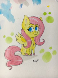 Size: 2121x2828 | Tagged: safe, artist:artnstuff101, fluttershy, pegasus, pony, g4, chest fluff, chibi, colored hooves, cute, high res, shyabetes, signature, sitting, solo, spread wings, traditional art, watercolor painting, wings