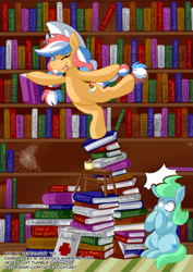 Size: 1061x1500 | Tagged: safe, artist:genolover, oc, oc only, oc:ember (hwcon), oc:glace (hwcon), pony, hearth's warming con, book, bookshelf, library, mascot, solo, spider web, this will end in pain, tongue out