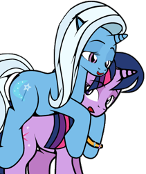 Size: 415x492 | Tagged: source needed, safe, artist:dekomaru, trixie, twilight sparkle, pony, unicorn, g4, duo, female, lesbian, mare, png, ponies riding ponies, riding, ship:twixie, shipping, simple background, transparent background, trixie riding twilight, unicorn twilight