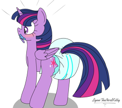 Size: 3428x3030 | Tagged: safe, artist:small-brooke1998, twilight sparkle, alicorn, pony, g4, blushing, butt, clean diaper, diaper, diaper butt, diaper fetish, diapered, female, fetish, high res, mare, non-baby in diaper, pacifier, plot, poofy diaper, rear, simple background, solo, transparent background, twilight sparkle (alicorn), white diaper