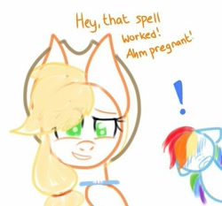 Size: 539x503 | Tagged: artist needed, safe, applejack, rainbow dash, earth pony, pegasus, pony, g4, dialogue, exclamation point, female, implied magical lesbian spawn, lesbian, pregnancy test, pregnant, ship:appledash, shipping