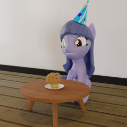 Size: 3240x3240 | Tagged: safe, artist:the luna fan, derpibooru exclusive, oc, oc only, oc:cosmia nebula, pony, 3d, birthday, blender, food, happy, hat, high res, muffin, party hat, smiling, solo, table