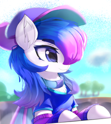 Size: 2137x2389 | Tagged: safe, artist:jfrxd, oc, oc only, oc:munlet, bat pony, pony, bat pony oc, blue eyes, blue sky, cloud, female, hat, high res, mare, outfit, purple hair, solo