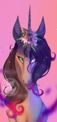 Size: 408x874 | Tagged: safe, artist:witherslayer73, oleander (tfh), pony, unicorn, them's fightin' herds, community related, female, floral head wreath, flower, logo, pink background, simple background, solo, watermark