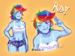 Size: 2104x1565 | Tagged: safe, artist:zowzowo, rainbow dash, human, g4, armpits, belly button, blue skin, breasts, canterlot high, cleavage, clothes, confident, daisy dukes, denim shorts, female, hand on hip, humanized, looking at you, midriff, multicolored hair, one eye closed, peace sign, piercing, pink eyes, pony coloring, rainbow hair, short hair, short hair rainbow dash, shorts, simple background, smiling, smirk, solo, sporty style, tank top, tomboy, wink, winking at you, yellow background