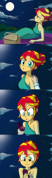 Size: 570x1920 | Tagged: safe, artist:doublewbrothers, derpibooru exclusive, edit, sunset shimmer, human, equestria girls, g4, alternate hairstyle, blanket, clothes, crying, date, date night, dress, ear piercing, earring, engagement ring, full moon, hand on shoulder, jewelry, looking at you, marriage proposal, moon, night, offscreen character, picnic blanket, piercing, ring, sleeveless, tears of joy, teary eyes, wedding ring